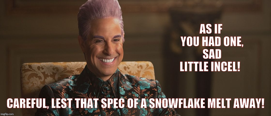 Hunger Games - Caesar Flickerman (Stanley Tucci) "This is great! | AS IF YOU HAD ONE, SAD LITTLE INCEL! CAREFUL, LEST THAT SPEC OF A SNOWFLAKE MELT AWAY! | image tagged in hunger games - caesar flickerman stanley tucci this is great | made w/ Imgflip meme maker