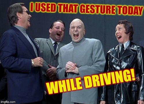 Laughing Villains Meme | I USED THAT GESTURE TODAY WHILE DRIVING! | image tagged in memes,laughing villains | made w/ Imgflip meme maker