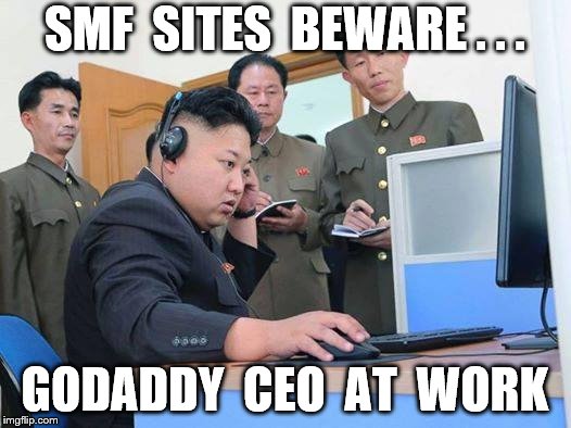 Kim Jong Un computer | SMF  SITES  BEWARE . . . GODADDY  CEO  AT  WORK | image tagged in kim jong un computer | made w/ Imgflip meme maker