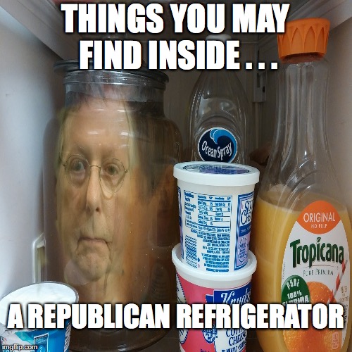 Mitch pickle head |  THINGS YOU MAY FIND INSIDE . . . A REPUBLICAN REFRIGERATOR | image tagged in mitch mcconnell,trump,con man,fascist | made w/ Imgflip meme maker