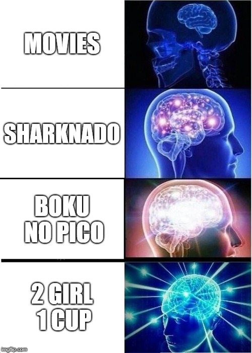 Expanding Brain | MOVIES; SHARKNADO; BOKU NO PICO; 2 GIRL 1 CUP | image tagged in memes,expanding brain | made w/ Imgflip meme maker