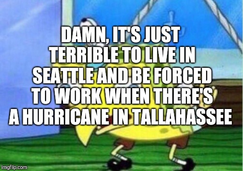 Mocking Spongebob Meme | DAMN, IT'S JUST TERRIBLE TO LIVE IN SEATTLE AND BE FORCED TO WORK WHEN THERE'S A HURRICANE IN TALLAHASSEE | image tagged in memes,mocking spongebob | made w/ Imgflip meme maker
