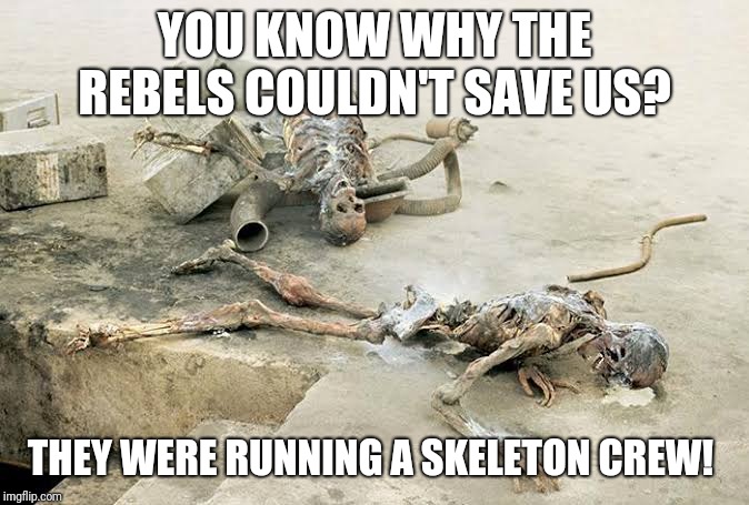 YOU KNOW WHY THE REBELS COULDN'T SAVE US? THEY WERE RUNNING A SKELETON CREW! | image tagged in star wars skeletons | made w/ Imgflip meme maker