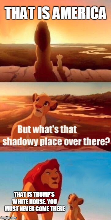 Thanks Darkness2o for giving me ideas to make this meme. Everyone pls remember to check his memes | THAT IS AMERICA; THAT IS TRUMP'S WHITE HOUSE. YOU MUST NEVER COME THERE | image tagged in memes,simba shadowy place | made w/ Imgflip meme maker