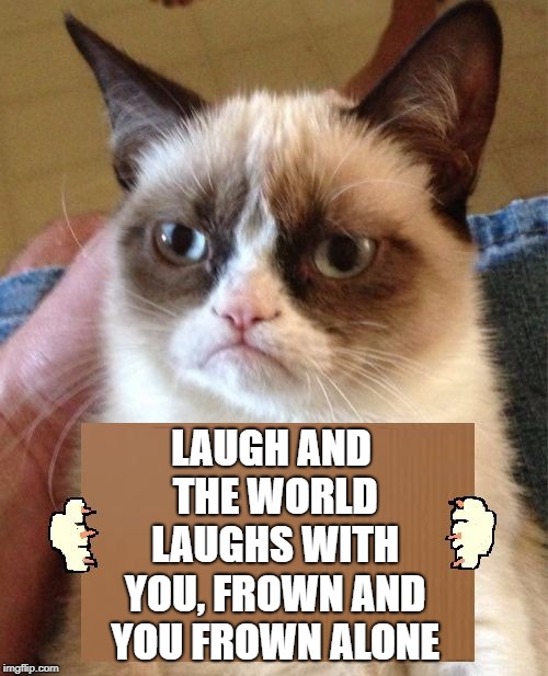 Grumpy Cat Cardboard Sign | LAUGH AND THE WORLD LAUGHS WITH YOU, FROWN AND YOU FROWN ALONE | image tagged in grumpy cat cardboard sign | made w/ Imgflip meme maker