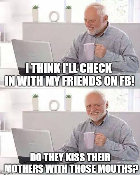#makefacebookfunagain | I THINK I'LL CHECK IN WITH MY FRIENDS ON FB! DO THEY KISS THEIR MOTHERS WITH THOSE MOUTHS? | image tagged in hide the pain harold,facebook,liberals,conservatives | made w/ Imgflip meme maker