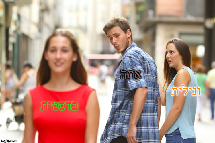 Distracted Boyfriend Meme | אתה; ונילית; בדסמית | image tagged in memes,distracted boyfriend | made w/ Imgflip meme maker