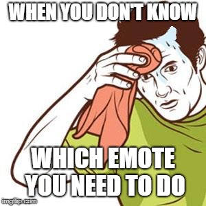 Sweating Towel Guy | WHEN YOU DON'T KNOW; WHICH EMOTE YOU NEED TO DO | image tagged in sweating towel guy | made w/ Imgflip meme maker