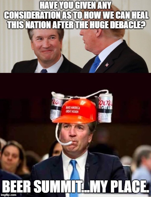 This didn't work for Obama, but beer is beer. | HAVE YOU GIVEN ANY CONSIDERATION AS TO HOW WE CAN HEAL THIS NATION AFTER THE HUGE DEBACLE? BEER SUMMIT...MY PLACE. | image tagged in brett kavanaugh,obama,politics,political meme | made w/ Imgflip meme maker