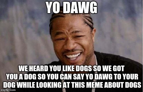 Yo Dawg Heard You Meme | YO DAWG; WE HEARD YOU LIKE DOGS SO WE GOT YOU A DOG SO YOU CAN SAY YO DAWG TO YOUR DOG WHILE LOOKING AT THIS MEME ABOUT DOGS | image tagged in memes,yo dawg heard you | made w/ Imgflip meme maker