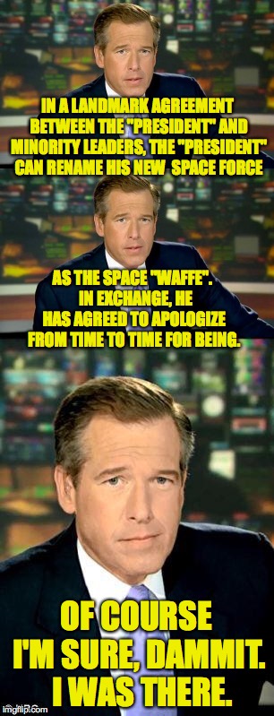 Behind closed doors. | IN A LANDMARK AGREEMENT BETWEEN THE "PRESIDENT" AND MINORITY LEADERS, THE "PRESIDENT" CAN RENAME HIS NEW  SPACE FORCE; AS THE SPACE "WAFFE".  IN EXCHANGE, HE HAS AGREED TO APOLOGIZE FROM TIME TO TIME FOR BEING. OF COURSE I'M SURE, DAMMIT.  I WAS THERE. | image tagged in memes,brian williams was there,brian williams was there 3,space force | made w/ Imgflip meme maker