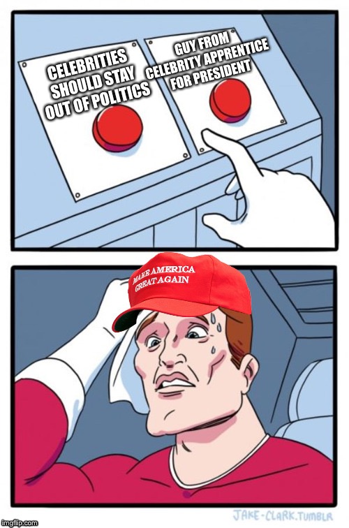 Two Button Maga Hat | GUY FROM CELEBRITY APPRENTICE FOR PRESIDENT; CELEBRITIES SHOULD STAY OUT OF POLITICS | image tagged in two button maga hat | made w/ Imgflip meme maker