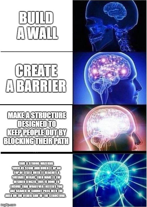 Expanding Brain Meme | BUILD A WALL; CREATE A BARRIER; MAKE A STRUCTURE DESIGNED TO KEEP PEOPLE OUT BY BLOCKING THEIR PATH; TAKE A STRONG MATERIAL SUCH AS STONE AND BUILD IT UP ON TOP OF ITSELF UNTIL IT REACHES A SUITABLE HEIGHT, THEN MAKE IT THE DESIRED LENGTH. THIS IS DONE TO ENSURE THAT WHATEVER ENTITIES YOU ARE SCARED OF CANNOT PASS INTO THE AREA ON THE OTHER SIDE OF THE STRUCTURE. | image tagged in memes,expanding brain,funny,details,oh wow are you actually reading these tags | made w/ Imgflip meme maker