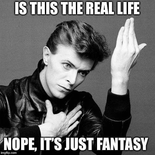 David Bowie | IS THIS THE REAL LIFE; NOPE, IT’S JUST FANTASY | image tagged in david bowie | made w/ Imgflip meme maker