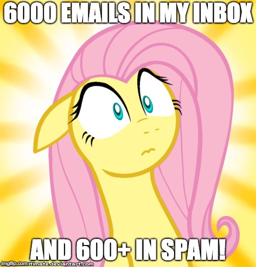 Shocked Fluttershy | 6000 EMAILS IN MY INBOX; AND 600+ IN SPAM! | image tagged in shocked fluttershy | made w/ Imgflip meme maker