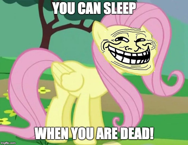 Fluttertroll | YOU CAN SLEEP WHEN YOU ARE DEAD! | image tagged in fluttertroll | made w/ Imgflip meme maker