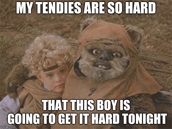 creepy ewok | MY TENDIES ARE SO HARD; THAT THIS BOY IS GOING TO GET IT HARD TONIGHT | image tagged in creepy ewok | made w/ Imgflip meme maker