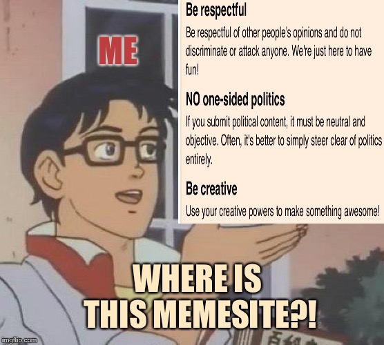 Is this One-Sided? | ME; WHERE IS THIS MEMESITE?! | image tagged in is this a pigeon,political meme,cyberbullying,trolls | made w/ Imgflip meme maker