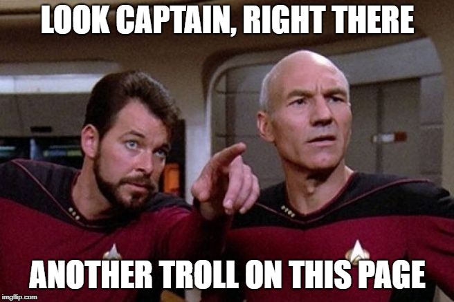 Another Troll | LOOK CAPTAIN, RIGHT THERE; ANOTHER TROLL ON THIS PAGE | image tagged in riker pointing,star trek,troll,riker,picard | made w/ Imgflip meme maker