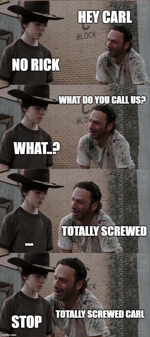 Rick and Carl Long Meme | HEY CARL; NO RICK; WHAT DO YOU CALL US? WHAT..? TOTALLY SCREWED; ... TOTALLY SCREWED CARL; STOP | image tagged in memes,rick and carl long | made w/ Imgflip meme maker