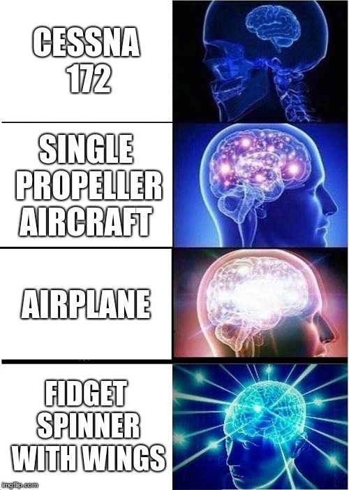 Expanding Brain Meme | CESSNA 172; SINGLE PROPELLER AIRCRAFT; AIRPLANE; FIDGET SPINNER WITH WINGS | image tagged in memes,expanding brain | made w/ Imgflip meme maker