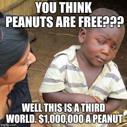 Third World Skeptical Kid Meme | YOU THINK PEANUTS ARE FREE??? WELL THIS IS A THIRD WORLD. $1,000,000 A PEANUT | image tagged in memes,third world skeptical kid | made w/ Imgflip meme maker