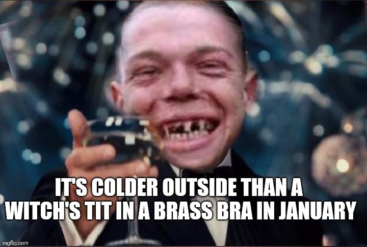 It's not that cold outside yet but soon will be | IT'S COLDER OUTSIDE THAN A WITCH'S TIT IN A BRASS BRA IN JANUARY | image tagged in cheers redneck,memes,funny,leonardo dicaprio cheers,winter | made w/ Imgflip meme maker