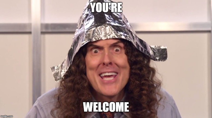 weird al yankovic tinfoil hat | YOU'RE WELCOME | image tagged in weird al yankovic tinfoil hat | made w/ Imgflip meme maker