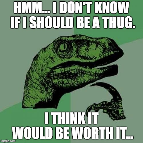 Philosoraptor | HMM... I DON'T KNOW IF I SHOULD BE A THUG. I THINK IT WOULD BE WORTH IT... | image tagged in memes,philosoraptor | made w/ Imgflip meme maker