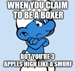 smurf | WHEN YOU CLAIM TO BE A BOXER; BUT YOU'RE 3 APPLES HIGH LIKE A SMURF | image tagged in smurf | made w/ Imgflip meme maker