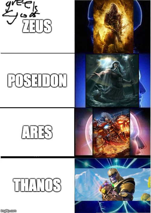 Expanding Brain | ZEUS; POSEIDON; ARES; THANOS | image tagged in memes,expanding brain | made w/ Imgflip meme maker