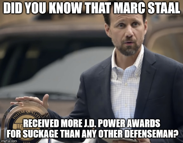 DID YOU KNOW THAT MARC STAAL; RECEIVED MORE J.D. POWER AWARDS FOR SUCKAGE THAN ANY OTHER DEFENSEMAN? | made w/ Imgflip meme maker