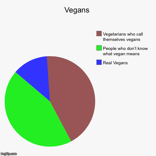 Vegans | Real Vegans, People who don’t know what vegan means, Vegetarians who call themselves vegans | image tagged in funny,pie charts,vegans,fake people,vegetarians | made w/ Imgflip chart maker