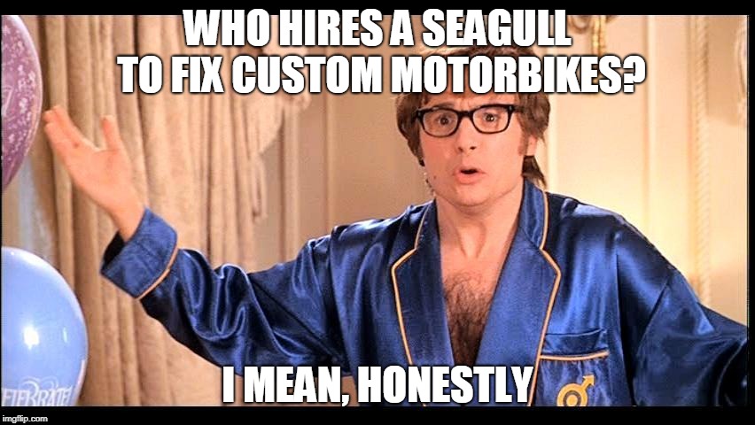Who does that, Honestly? | WHO HIRES A SEAGULL TO FIX CUSTOM MOTORBIKES? I MEAN, HONESTLY | image tagged in who does that honestly? | made w/ Imgflip meme maker