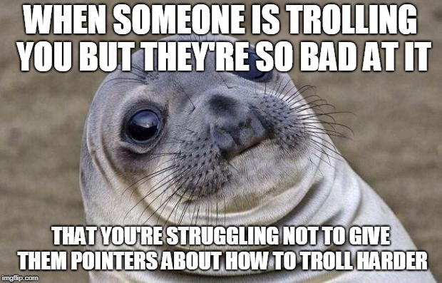 Awkward Moment Sealion | WHEN SOMEONE IS TROLLING YOU BUT THEY'RE SO BAD AT IT; THAT YOU'RE STRUGGLING NOT TO GIVE THEM POINTERS ABOUT HOW TO TROLL HARDER | image tagged in memes,awkward moment sealion | made w/ Imgflip meme maker