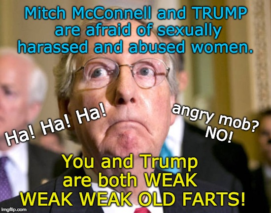 McConnell and Trump WEAK OLD FARTS afraid of protesting sexually harassed and abused women. | Mitch McConnell and TRUMP   are afraid of sexually     harassed and abused women. You and Trump are both WEAK  WEAK WEAK OLD FARTS! Ha! Ha! Ha! angry mob?       NO! | image tagged in mitch mcconnell,sexual harassment,sexual assault,weak old men,old fart,trump unfit unqualified dangerous | made w/ Imgflip meme maker