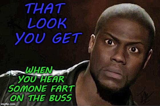 Kevin Hart | THAT LOOK YOU GET; WHEN YOU HEAR SOMONE FART ON THE BUSS | image tagged in memes,kevin hart,fart,bus | made w/ Imgflip meme maker