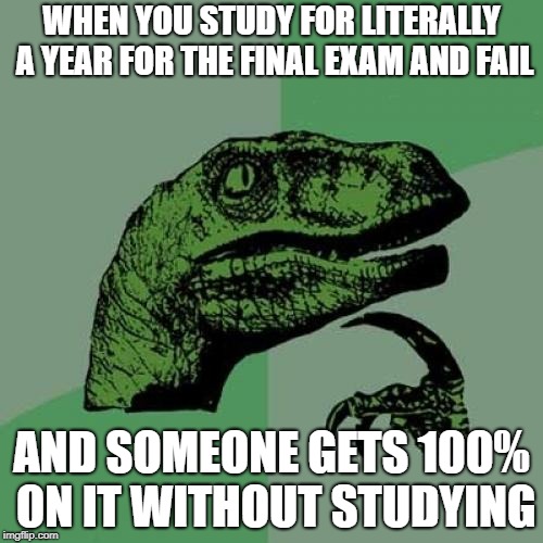 Philosoraptor Meme | WHEN YOU STUDY FOR LITERALLY A YEAR FOR THE FINAL EXAM AND FAIL; AND SOMEONE GETS 100% ON IT WITHOUT STUDYING | image tagged in memes,philosoraptor | made w/ Imgflip meme maker
