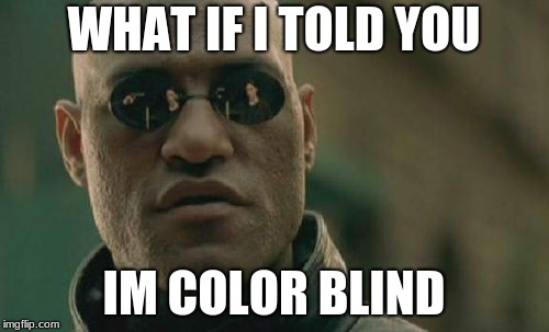 Matrix Morpheus Meme | WHAT IF I TOLD YOU IM COLOR BLIND | image tagged in memes,matrix morpheus | made w/ Imgflip meme maker