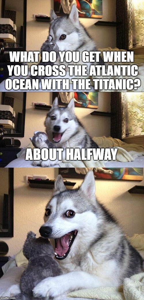 Bad Pun Dog Meme | WHAT DO YOU GET WHEN YOU CROSS THE ATLANTIC OCEAN WITH THE TITANIC? ABOUT HALFWAY | image tagged in memes,bad pun dog | made w/ Imgflip meme maker