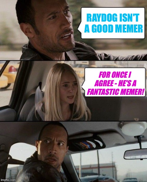 The Rock Driving Meme | RAYDOG ISN'T A GOOD MEMER FOR ONCE I AGREE - HE'S A FANTASTIC MEMER! | image tagged in memes,the rock driving | made w/ Imgflip meme maker