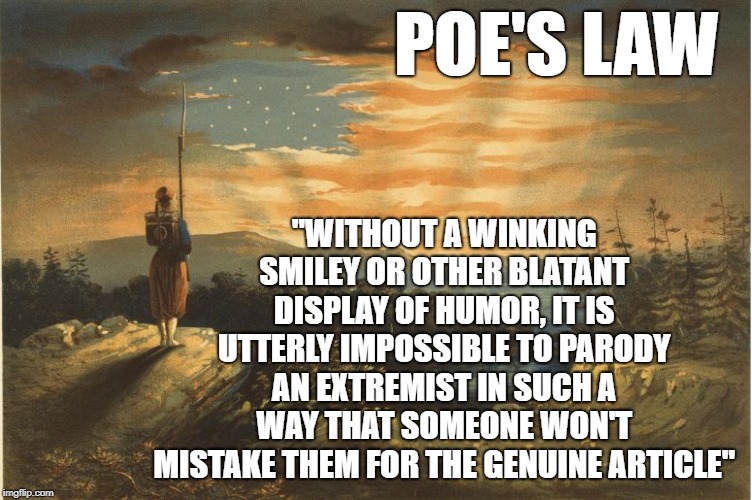 Flag landscaper | POE'S LAW; "WITHOUT A WINKING SMILEY OR OTHER BLATANT DISPLAY OF HUMOR, IT IS UTTERLY IMPOSSIBLE TO PARODY AN EXTREMIST IN SUCH A WAY THAT SOMEONE WON'T MISTAKE THEM FOR THE GENUINE ARTICLE" | image tagged in flag landscaper | made w/ Imgflip meme maker