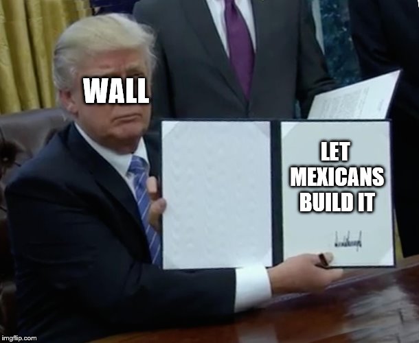 Trump Bill Signing Meme | WALL; LET MEXICANS BUILD IT | image tagged in memes,trump bill signing | made w/ Imgflip meme maker