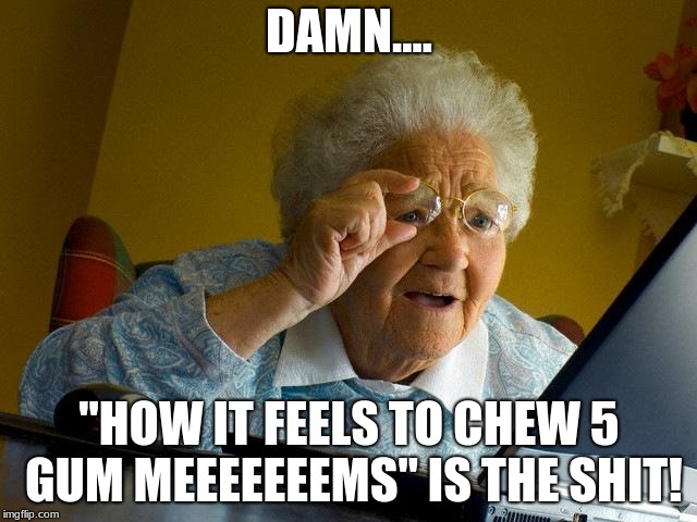 Grandma Finds The Internet | DAMN.... "HOW IT FEELS TO CHEW 5 GUM MEEEEEEEMS" IS THE SHIT! | image tagged in memes,grandma finds the internet | made w/ Imgflip meme maker