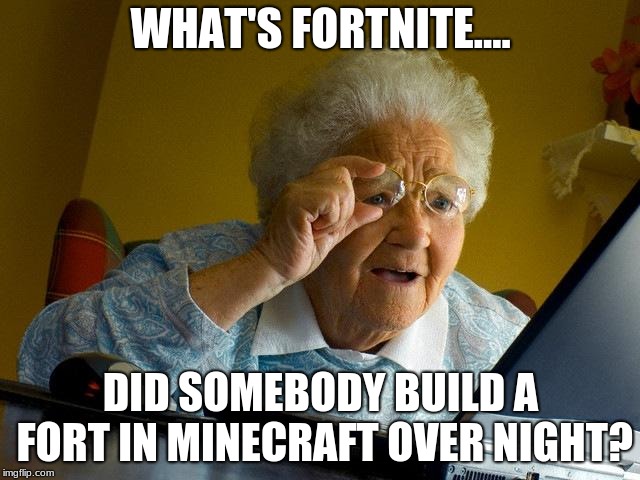 Grandma Finds The Internet | WHAT'S FORTNITE.... DID SOMEBODY BUILD A FORT IN MINECRAFT OVER NIGHT? | image tagged in memes,grandma finds the internet | made w/ Imgflip meme maker