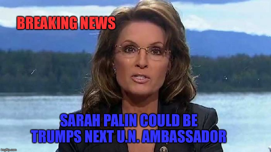 BREAKING NEWS; SARAH PALIN COULD BE TRUMPS NEXT U.N. AMBASSADOR | image tagged in palin | made w/ Imgflip meme maker