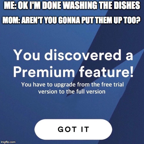 Premium Feature | ME: OK I'M DONE WASHING THE DISHES; MOM: AREN'T YOU GONNA PUT THEM UP TOO? | image tagged in premium feature | made w/ Imgflip meme maker