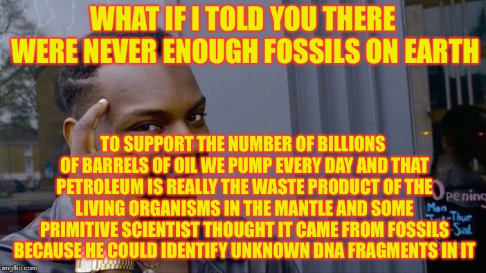 Roll Safe Think About It Meme | WHAT IF I TOLD YOU THERE WERE NEVER ENOUGH FOSSILS ON EARTH TO SUPPORT THE NUMBER OF BILLIONS OF BARRELS OF OIL WE PUMP EVERY DAY AND THAT P | image tagged in memes,roll safe think about it | made w/ Imgflip meme maker