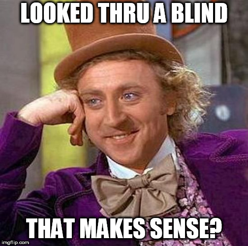 uh? | LOOKED THRU A BLIND; THAT MAKES SENSE? | image tagged in memes,creepy condescending wonka,look,blind how'd that work | made w/ Imgflip meme maker
