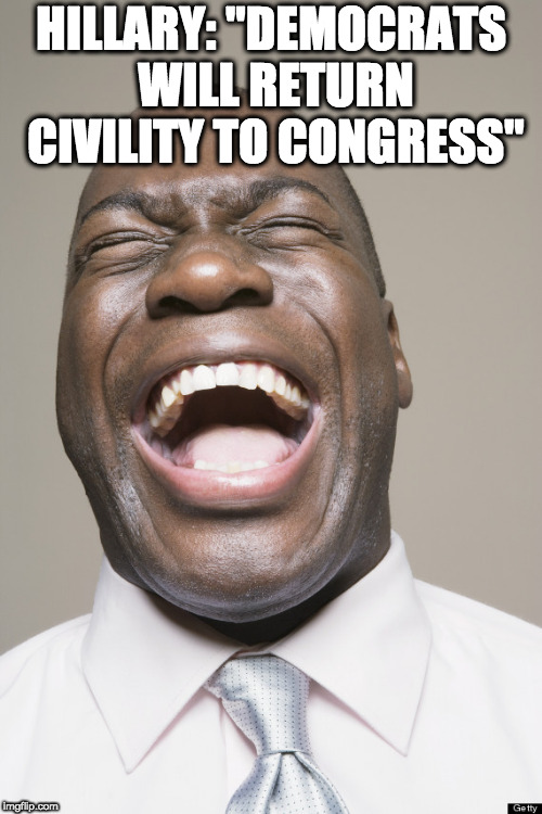 Laughter | HILLARY: "DEMOCRATS WILL RETURN CIVILITY TO CONGRESS" | image tagged in laughter | made w/ Imgflip meme maker